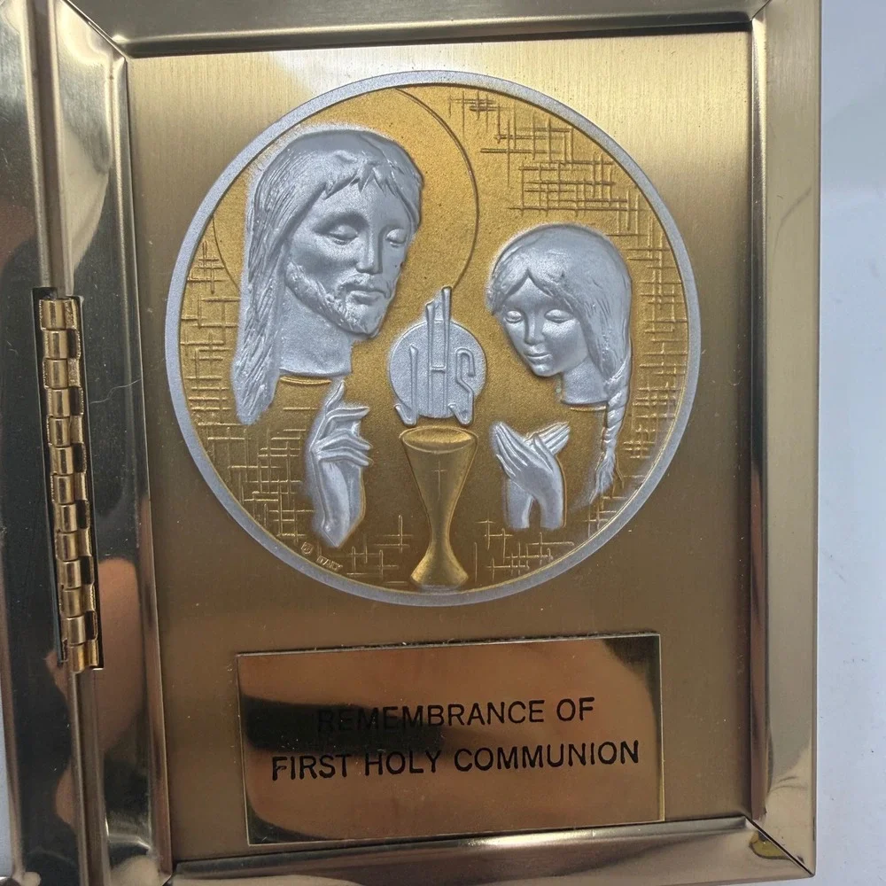 Vintage First Holy Communion Gold Tone Folding Picture Frame Religious Medallion